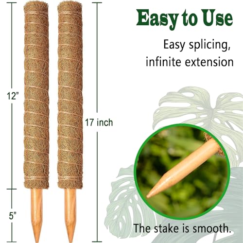 2 Pack 17 Inch Moss Pole, Stackable Moss Poles for Climbing Plants Monstera, Tall Plant Sticks Accessories, Large Coir Plant Support Stakes for Potted Plants Indoor, Pothos, Philodendron - size: 2 pack 17in