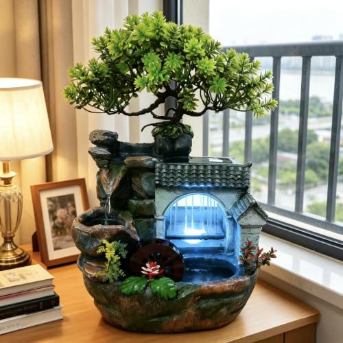 11in Desk Decor Rock Tabletop Water Fountain Indoor Waterfall Gift | Desktop Decoration Feature Humidifier with Pump a& LED Light, Home Office Bedroom Relaxing (No Atomizer)
