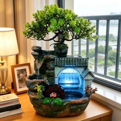 11in Desk Decor Rock Tabletop Water Fountain Indoor Waterfall Gift | Desktop Decoration Feature Humidifier with Pump a& LED Light, Home Office Bedroom Relaxing (No Atomizer)