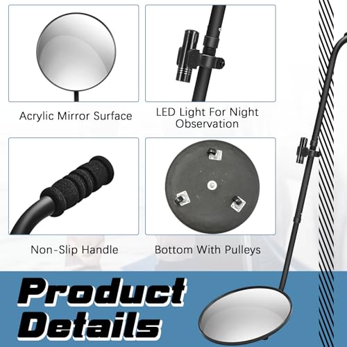 Barydat 2 Pack Under Vehicle Inspection Mirror with Telescoping Handle and Light 12 Inch Diameter Security Angle Adjustment Handheld Inspection Mirror for Under Car Truck Equipment Over Shelf - size: 12 Inch