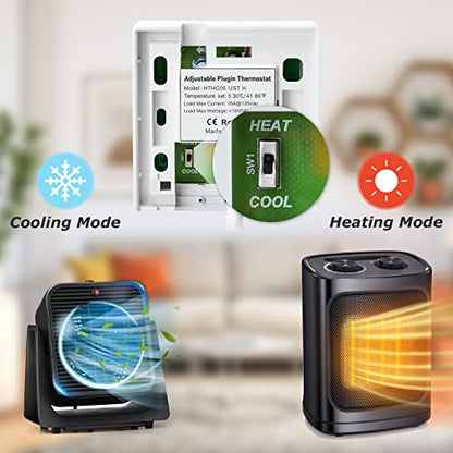Adjustable Thermostat, Briidea Plug in Heating & Cooling Thermostat with LED Indicator, Compatible with Space Heater, Window Air Conditioners, Fans, Ideal for Household, Reptile, Greenhouse - color: White
