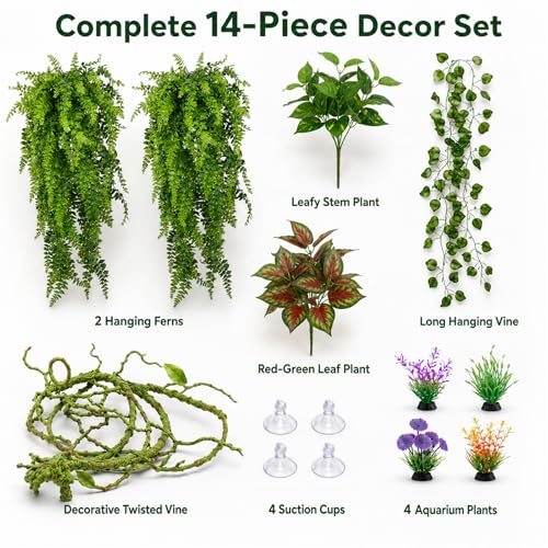 Reptile Plants Terrarium Decor, Hanging Reptile Vines, Flexible Bendable Jungle Climbing Leaves for Bearded Dragon, Leopard Gecko, Chameleon, Snake, Lizard Tank Habitat Decoration (Group A)