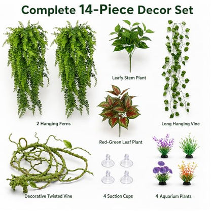 Reptile Plants Terrarium Decor, Hanging Reptile Vines, Flexible Bendable Jungle Climbing Leaves for Bearded Dragon, Leopard Gecko, Chameleon, Snake, Lizard Tank Habitat Decoration (Group A)