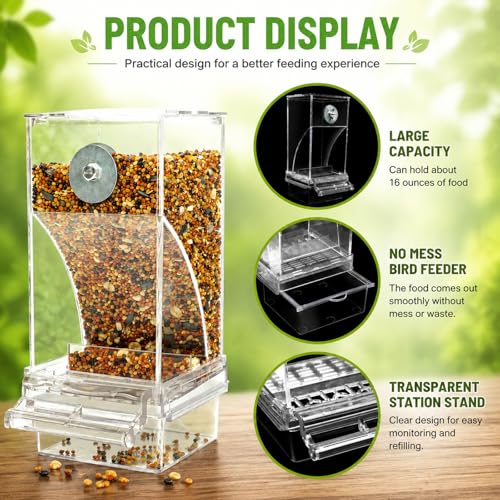 Rypet No-Mess Automatic Bird Feeder, Parakeet Cage Accessories | Transparent Acrylic Food Level Check, Helps Reduce Seed Scatter, for Small Birds Cockatiel Parrot Canary - color: Transparent