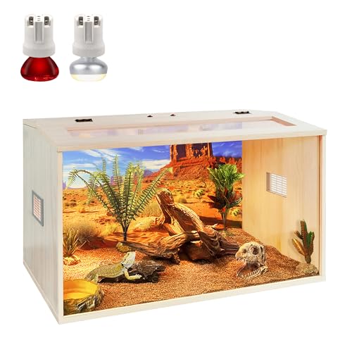 Bearded Dragon Tank, 30 Gallons Wooden Reptile Enclosure, Tempered Glass Lizard Tank, Large Bearded Dragon Enclosure with Built-in Lamp Fixture for Lizard - color: Oak, size: 30 gallons