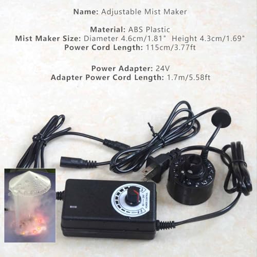 Adjustable Mist Maker with LED and Splash Guard, Fogger Water Fountain Pond Fog Machine Atomizer Air Humidifier, 350ml/H, Water Feature, Halloween and Other Holiday Decorations., Small, Black | Small Adjustable Atomizer Air Humidifier, Halloween and Other
