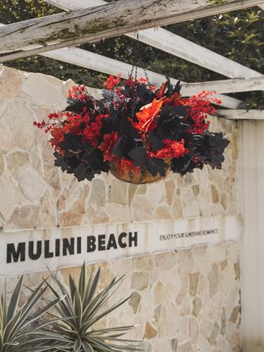 16pcs Fake Plants Outdoor, Halloween Maple Leaves Branch, Autumn Artificial Plants with Black Maple Leaves, Faux Leaves Spray for Halloween Thanksgiving Home Deocr - color: Halloween Black and Red
