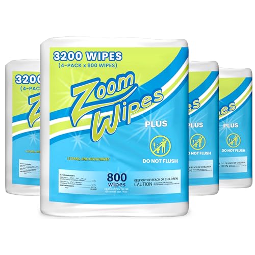 Zoom Wipes Plus – 3,200 Total 4 Rolls of 800 – Citrus Scented Cleaning & Deodorizing Wipes for Fitness Equipment, Office & Household, Compatible with Dispenser Buckets, Alcohol & Bleach-Free