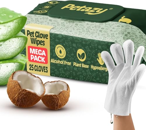 Pet Glove Wipes for Dogs & Cats – Hypoallergenic Thick Cleaning Gloves with Aloe & Coconut Oil for Paws, Face, Ears & Butt, Instant No Rinse Grooming Wipes to Deodorize and Hydrate, 25 Pack - color: 25 Glove Wipes
