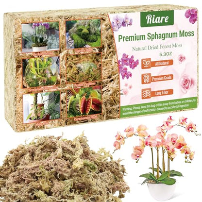 Riare 5.3OZ Premium Sphagnum Moss for Plants- Natural Long Fiber Plant Moss | 6QT High Expansion, Moisture Retention, Drainage, Dried Orchid Moss for Succulent, Carnivorous, Ferns, Reptiles & Terrariums - size: 6QT/5.3oz