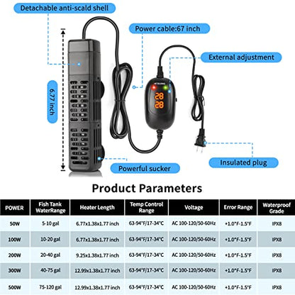 HiTauing Aquarium Heater, 50W/100W/200W/300W/500W Submersible Fish Tank Heater with Over-Temperature Protection and Automatic Power-Off When Leaving Water for Saltwater and Freshwater - size: 50W