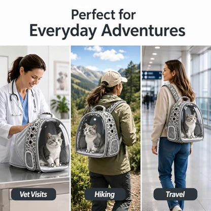 Expandable Cat Carrier Backpack with Bubble Window, Black and White | Breathable mesh, anti-collapse frame, side door, safety leash and escape-resistant zippers for vet visits and outdoor travel. - color: Black and White Animal