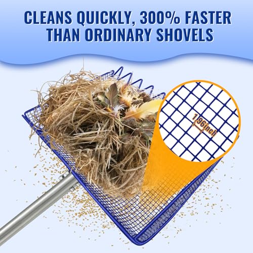 2-in-1 Chicken Coop Scooper: Extra Large 12” Poop Scooper & Rake with Adjustable Handle (37”-65”) | Heavy-Duty Metal Shovel for Quick Pet Waste, Rabbit, Guinea, Barn Cleaning | US Patent Pending, Blue - color: Blue