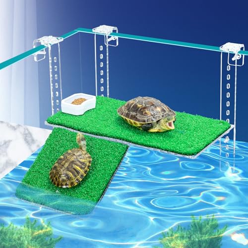 13" Turtle Basking Platform with Grass Ramp, Acrylic, Fits 0.31-2.11" Tanks | Adjustable non-slip grass ramp for aquatic turtles. Fits 0.31-2.11" thick rims. Thickened acrylic 11" large dock for basking - size: 13 Inch