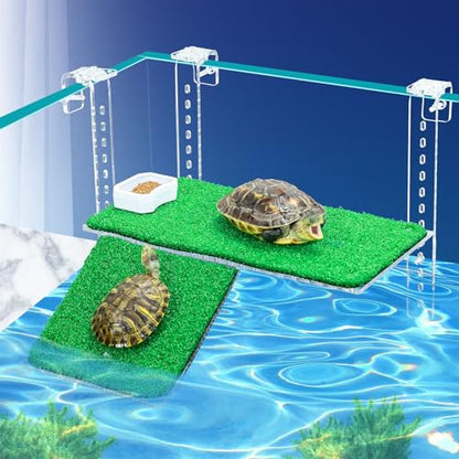 13" Turtle Basking Platform with Grass Ramp, Acrylic, Fits 0.31-2.11" Tanks | Adjustable non-slip grass ramp for aquatic turtles. Fits 0.31-2.11" thick rims. Thickened acrylic 11" large dock for basking - size: 13 Inch