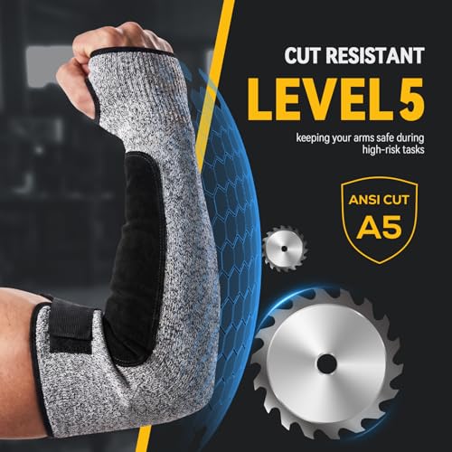 MIG4U Cut Resistant Sleeves with Leather Patches, Arm Safety Protection for Men and Women Thin Skin, Anti Puncture Level 5 Protective Arm Sleeve in Gardening, Farm, Welding, 18'' - color: Grey-leather Patch, size: Large