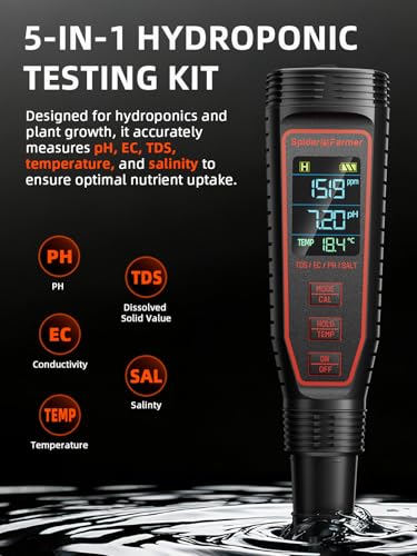 Spider Farmer 5-in-1 Digital pH Meter Kit Pen Tester for Water Hydroponics | pH, TDS, EC, Temp, and Salinity 5-in-1 Pen Tester Kit, Auto Temperature Compensation, ±0.01 High Accuracy, IP67 Waterproof