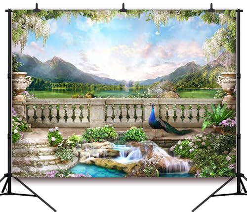 7x5FT Spring Vintage Garden Balcony Backdrop Flowers Retro Roman Corridor Peacock Lake Mountain Waterfall Photography Background Birthday Wedding Party Decor Photo Studio Props - color: Natural landscape backdrop 2