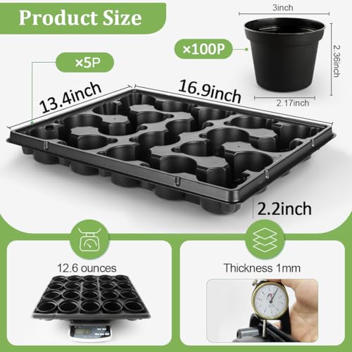 RooTrimmer 3 Inch Plastic Plant Pots 100 Pcs with 5 Pcs 20 Cell Seed Starter Trays, Thick Black Small Nursery Pots and Propagation Shuttle Trays for Seed Starting, Plant Propagation Starter Kit 5 Sets - color: Black + Black, size: 3 Inch 100 Pack Pots Wit