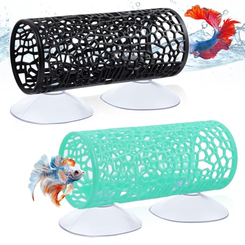 2Pcs Little Fish Swimming Tunnel, Safe Aquarium Decoration Betta Fish Tank Accessories with Suction Cups Hidden Decor Habitat Toys for Small Fish Shrimp Reptile Guppies