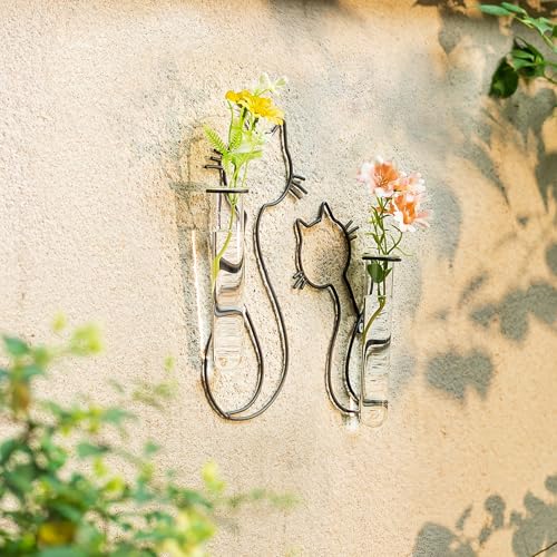 Metal Wall Propagation Station with Glass Tubes, Cat Wall Design | Removable Glass Tubes for Pothos, Plant Cuttings, Herbs, Air Plants and Single Flowers