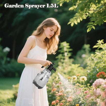 2 Pack Handheld Pump Sprayer, Garden Pressure Water Spray Bottle | Spraying Bottle with Adjustable Brass Noozle for Houseplant Watering, Lawn Care, Household Cleaning & Patio Maintenance - color: 1.5L-Grey-2PCS