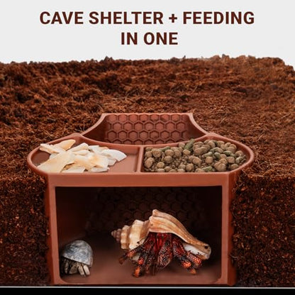 Hermit Crab Habitat Shelter with Dual Food Bowls, 2-in-1 Cave Shelter & Feeding Dish, Textured Climbing Ramp & Viewing Window, Hermit Crab Accessories for Habitat & Tank Setup (Brown) - color: Brown