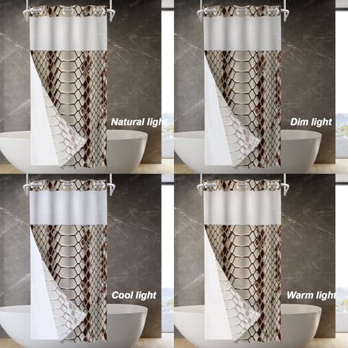 Brown Snake Scale No Hooks Shower Curtain with Snap in Liner Set, Reptile Skin Texture Tub Curtainn Mesh Top Window & Magnetic Hem Waterproof 35.5X74 Inch - color: Brown Snake Scale 1 Brown03, size: 35.4"W x 74"L (Pack of 1)