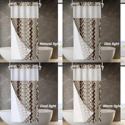 Brown Snake Scale No Hooks Shower Curtain with Snap in Liner Set, Reptile Skin Texture Tub Curtainn Mesh Top Window & Magnetic Hem Waterproof 35.5X74 Inch - color: Brown Snake Scale 1 Brown03, size: 35.4"W x 74"L (Pack of 1)