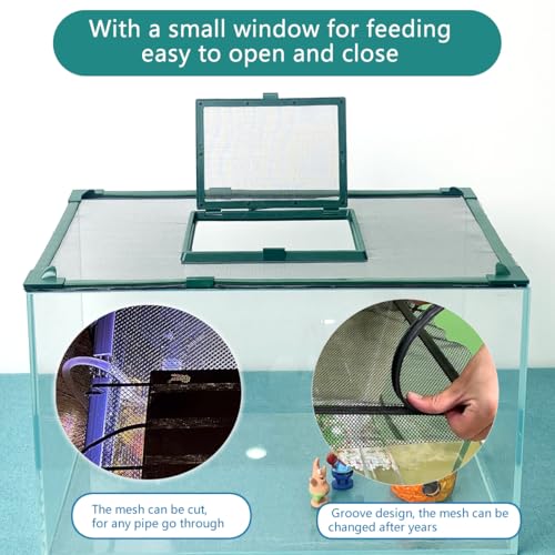 Magnetic Fish Tank Cover with Feeding Window Green Frame Grey Fiberglass Mesh, DIY Fish Tank Lid Adjustable Size Fit Tank Size Max 35''X19'' for Preventing Fish from Jumping Out and Reptile Escaping - color: Green frame fiberglass net(with a feeding windo
