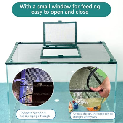 Magnetic Fish Tank Cover with Feeding Window Green Frame Grey Fiberglass Mesh, DIY Fish Tank Lid Adjustable Size Fit Tank Size Max 35''X19'' for Preventing Fish from Jumping Out and Reptile Escaping - color: Green frame fiberglass net(with a feeding windo