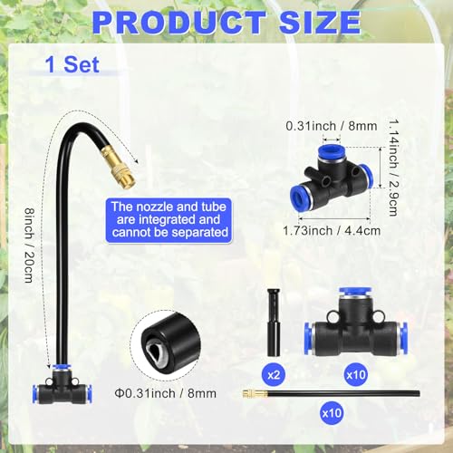 M METERXITY 1-Set Brass Misting Nozzles Tees, 8inch/20cm Tube Len 3-in-1(Dripping, Spraying, Shutoff) Adjustable Copper Water Mister Sprayers for 1/4 Inch Tubing Irrigation [Gold Tone, Black] - size: 8inch/20cm