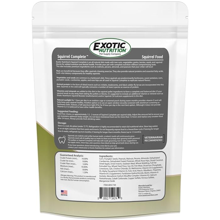 Exotic Nutrition Squirrel Complete (1.75 lb.) - Healthy Natural Food - Nutritional Diet for Pet & Captive Squirrels - Ground, Grey, Flying Squirrels, & Chipmunks - size: 1.75 Pound (Pack of 1)