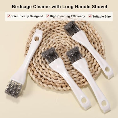 4pcs Bird Cage Cleaner with Long Handle, Stainless Steel Kennel Parakeet Bird Perches Remover Guinea Pig Cage Cleaning Brush Efficient Parrot Dropping Supplies for Budgie Cockatiel Small Pets