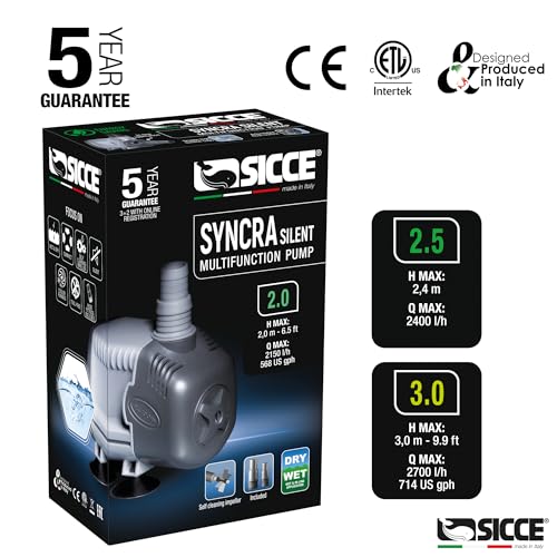 SICCE Syncra Silent 2.0 Multifunction 568 GPH Submersible Water Pump | Italian Made 35W Ultra Quiet Durable Aquarium Fish Tank, Fountain, Pond, Hydroponics, Terrarium Black | Freshwater & Saltwater - size: Syncra Silent 2.0