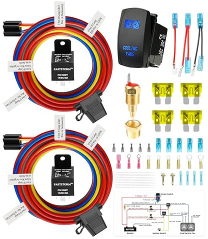 12V Dual Electric Fan Waterproof Relay Kit with Cooling Fans Rocker Switch with Jumper Wires Set 185 On 175 Off Temperature Sensor Switch for Cars Trucks RVs - style: Dual Fan Relay with Cooling Fans Rocker Switch Kit