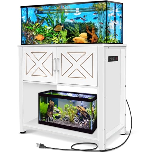 BEURUKU 40 Gallon Tank Stand with Cabinet and Power Outlets, Heavy Duty Metal Aquarium Stand for 40-50 Gallon Breeder Tank, Turtle Tank, Double Terrarium Stand, 660LBS Capacity, White - color: White, size: 40-50 Gallon