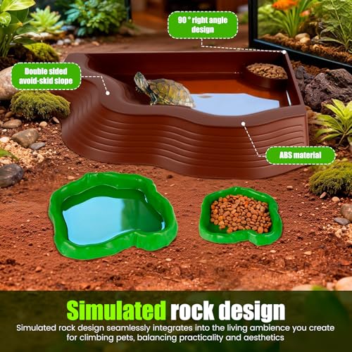 Tortoise Water Bowl with Ramp 3PCS Reptile Food Water Bowl Turtle Pool Tortoise Bathing Pool Turtle Soaking Dish Aquarium Habitat Accessories(Large size-3-brown Plus Green) - color: large size-3-brown plus green