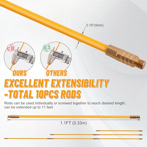 KOOTANS 11FT Fiberglass Running Electrical Wire Cable Glow Rods Wire Pulling Tools Fish Tape Cable Puller Through Wall Snake Fish Rods Kit with Different Attachments - color: 11FT