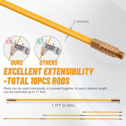 KOOTANS 11FT Fiberglass Running Electrical Wire Cable Glow Rods Wire Pulling Tools Fish Tape Cable Puller Through Wall Snake Fish Rods Kit with Different Attachments - color: 11FT