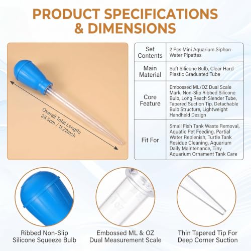 Aquarium Cleaning Pipette Manual Gravel Cleaner Tool 2 Pack | Clear acrylic tube with soft silicone bulb; pointed tip for waste suction; for small tank cleaning partial water change