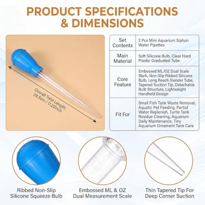 Aquarium Cleaning Pipette Manual Gravel Cleaner Tool 2 Pack | Clear acrylic tube with soft silicone bulb; pointed tip for waste suction; for small tank cleaning partial water change