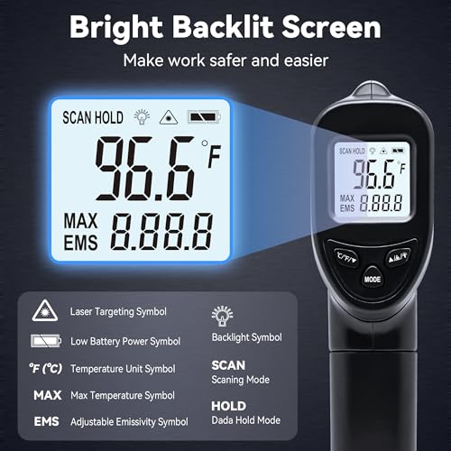 Infrared Thermometer Temperature Gun (NOT for Humans) -58℉~1022℉ (-50℃～550℃) Non-Contact Laser Instant-Read Digital Laser Infrared Ir Thermometer with Backlight(Black) - color: Black