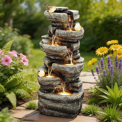 39.4" 6-Tier Cascading Rock Outdoor Fountain LED Bird Waterfall | hand-carved stone with birds, garden patio porch backyard - color: 39.4"h Gray