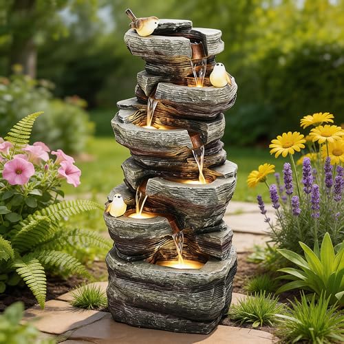 39.4" 6-Tier Cascading Rock Outdoor Fountain LED Bird Waterfall | hand-carved stone with birds, garden patio porch backyard - color: 39.4"h Gray