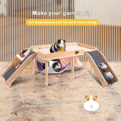 BESNEW Enlarged Guinea Pig Hammock with Platform and Stairs,Wooden Foldable Piggies Hideout for Guinea Pigs Bunny Ferret Hamster Hiding Sleeping Activities 24L x 12W x 11H in（Double） - style: Hammock with 2 ramps