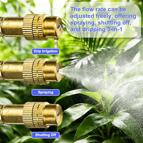 M METERXITY 1-Set Brass Misting Nozzles Tees, 8inch/20cm Tube Len 3-in-1(Dripping, Spraying, Shutoff) Adjustable Copper Water Mister Sprayers for 1/4 Inch Tubing Irrigation [Gold Tone, Black] - size: 8inch/20cm