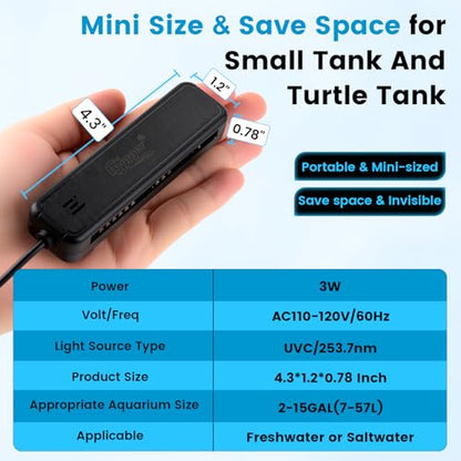hygger 3W Aquarium U-V Light with Timer for 2-15 Gallon Fish, Turtle Tanks | ABS Protective Shield, Mini Glass U-V Lamp, Freshwater & Saltwater Use, Small Fish Turtle Tanks, Clear Water Support