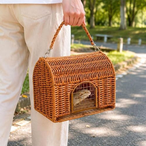Reptile Carrier with Handle Sleeping House | All Season Washable Rattan Bird Carrier Travel Cage for Lizard Leopard Gecko Spider Tortoise Snake Bunny