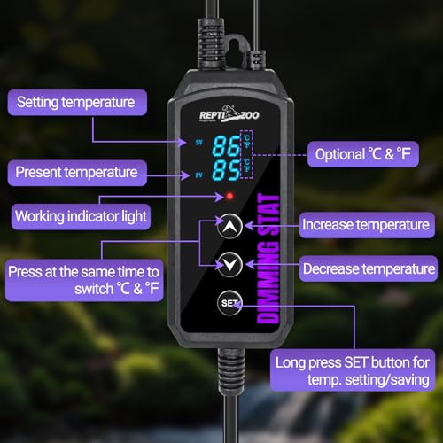 REPTI ZOO Reptile Dimming Thermostat, PID Temperature Controller with LED Digital Screen, Reptile Thermostat for Reptile Heat lamp Blub & Mat Heaters, Memory Function